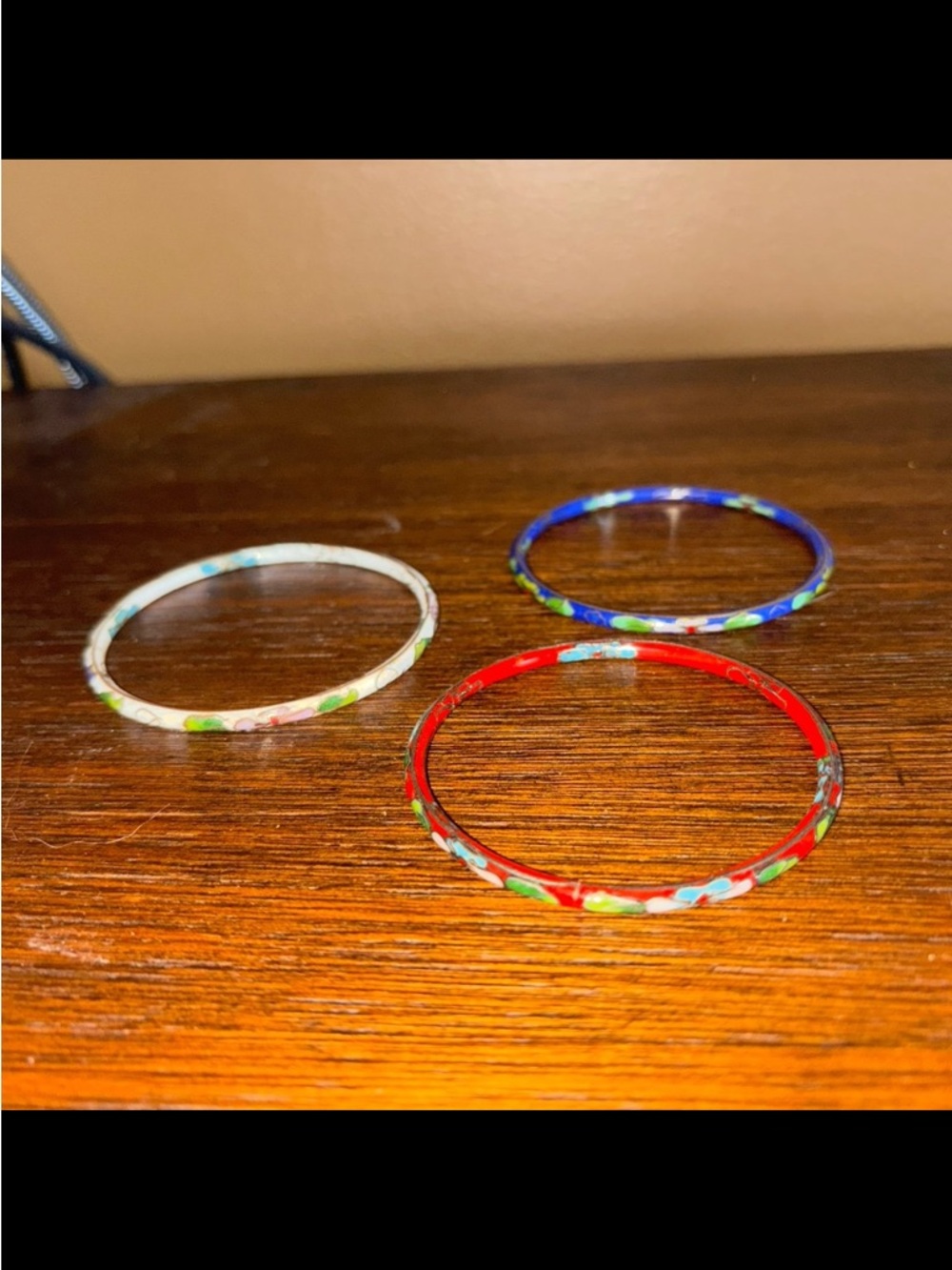 Cloisonne bangles set of 3 red, white , blue